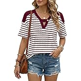 Dokotoo Women's Tops Summer Casual Short Sleeve Shirts V Neck Striped Color Block T-Shirts Blouses