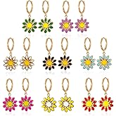 Anmpab 8 Pairs Huggie Hoop Earrings for Women Sterling Silver Hypoallergenic Small Huggie Hoop Flower Daisy Dangle Earrings Jewelry Set