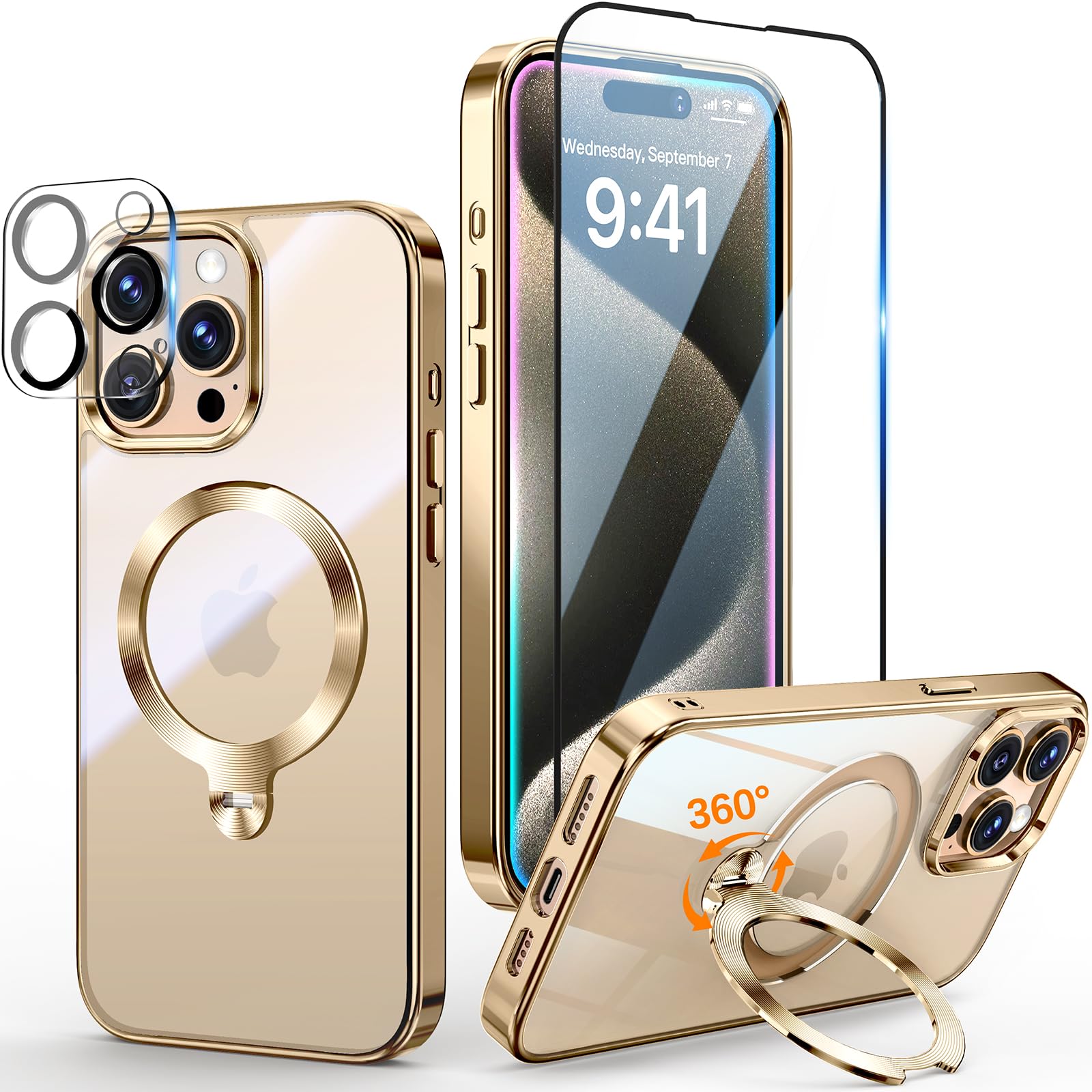 Photo 1 of [Tri-Shield Protection] for iPhone 15 Pro Case with 360° Spin Stand Compatible with MagSafe [Magnetic CD Ring] [Screen & Camera Lens Protector] Shockproof Plating Never-Yellowing, Gold-6.1"
