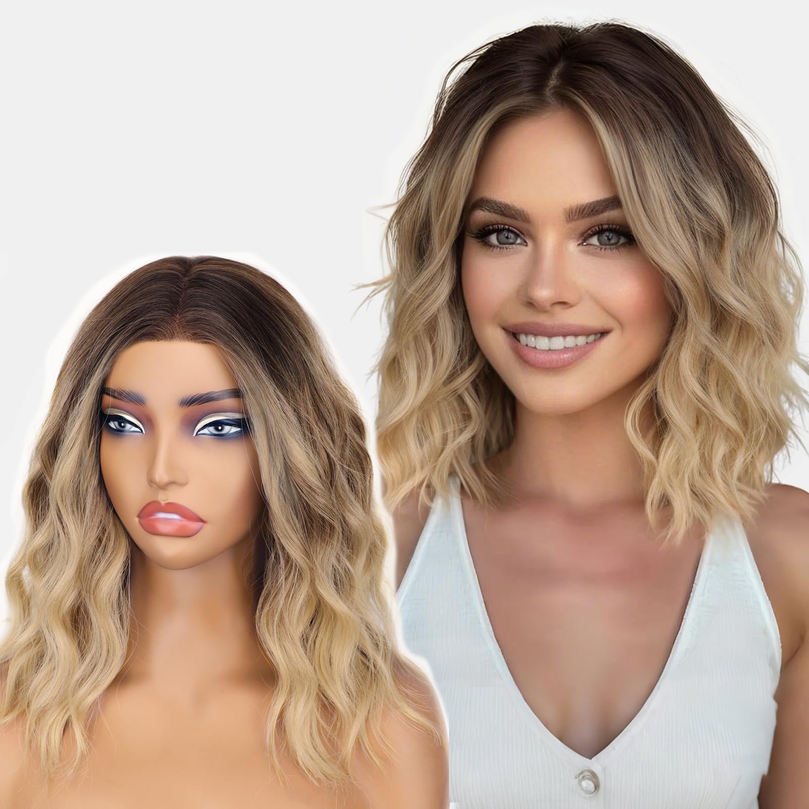 Photo 1 of AISI HAIR 14 Inch Ombre Blonde Wigs for Women - Shoulder Length Wave Wig with Pre-Cut Lace Hairline, Middle Part Natural Wavy Bob Synthetic Heat Resistant Fiber for Daily and Party