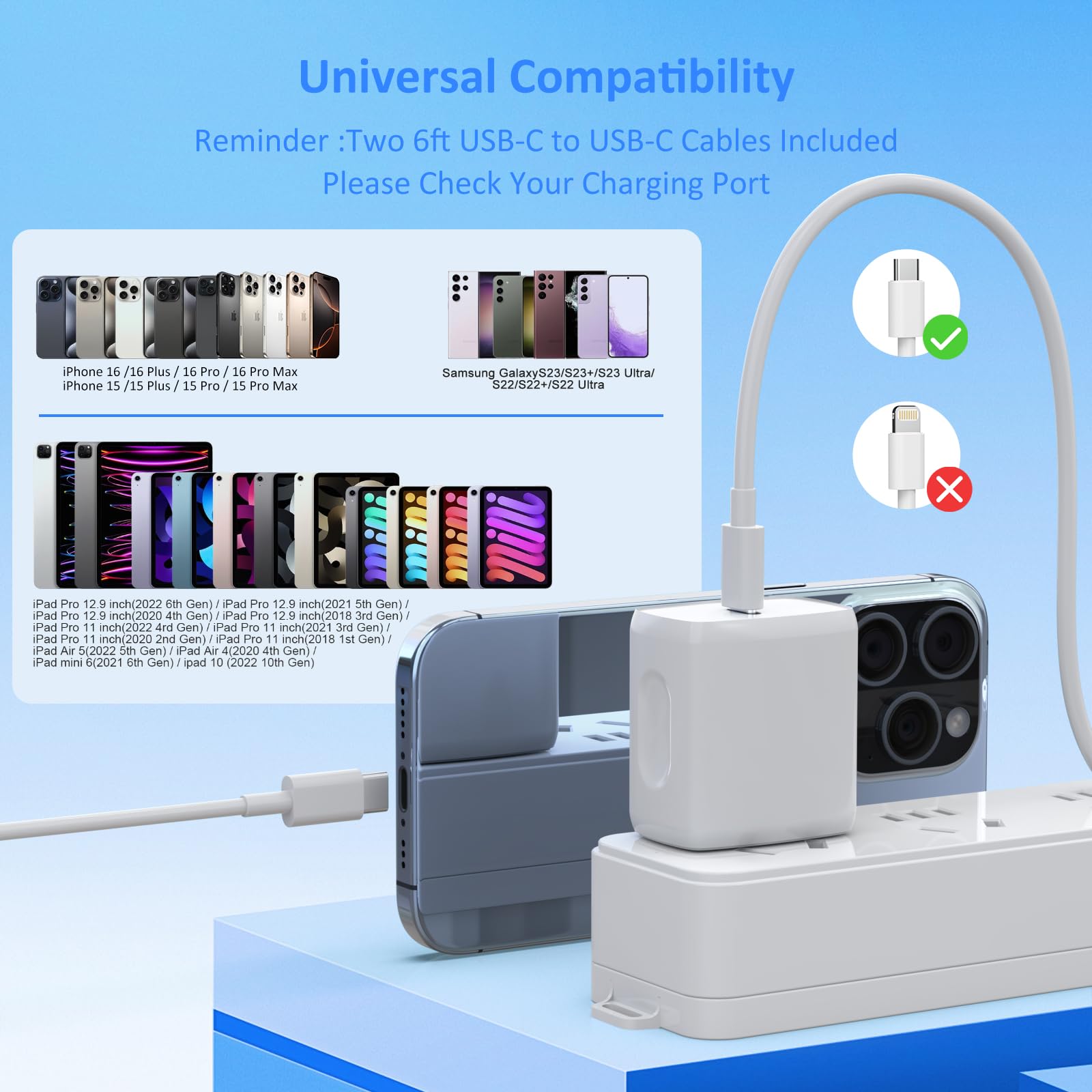 USB C Charger Type C Fast Charging 2 Pack 25W Chargers Block with 2 Pack 6FT USB C to C Cable for iPhone 17 16 15 Pro Max/iPad/Samsung Series and More