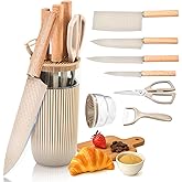 TOPLUCKY Knife Set, 7-Piece Kitchen Knife Set with Sharp Chef and Meat Knives, Anti-Rust Utility Knives Set for Kitchen, Kitchen Knife Block Set – Khaki