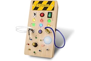 Hikoshi Montessori Busy Board, Toddler Wooden Busy Board with LED Light Switches Preschool Learning Toy, Sensory Activities Light Switch Travel Toys for 1 2 3 4 Year Old Boys and Girls