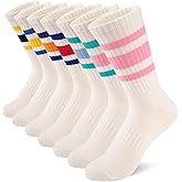 Comfoex Girls Crew Socks Kids Athletic Calf Socks 7 Pairs Soft Cotton & Casual Stripe for Children 8-10 10-12 Years Old