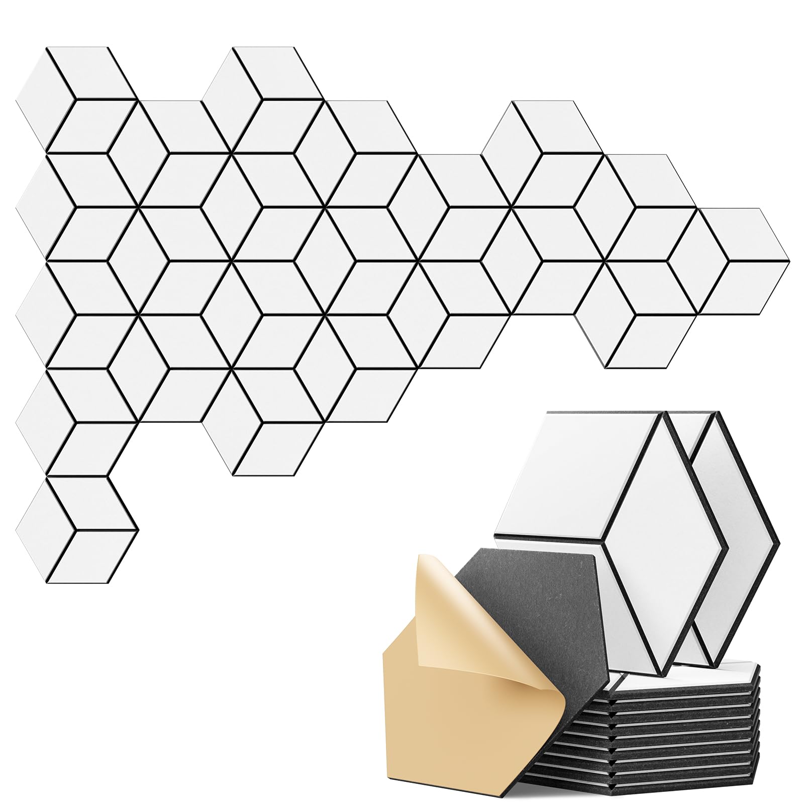 Photo 1 of 22-Pack Self-Adhesive Acoustic Panels, 12" x 10" x 0.4" – High-Density, Flame-Resistant Soundproof Foam. Absorbs Noise and Eliminates Echoes. Enhance Your Space with Hexagonal 3D Design, White Face.