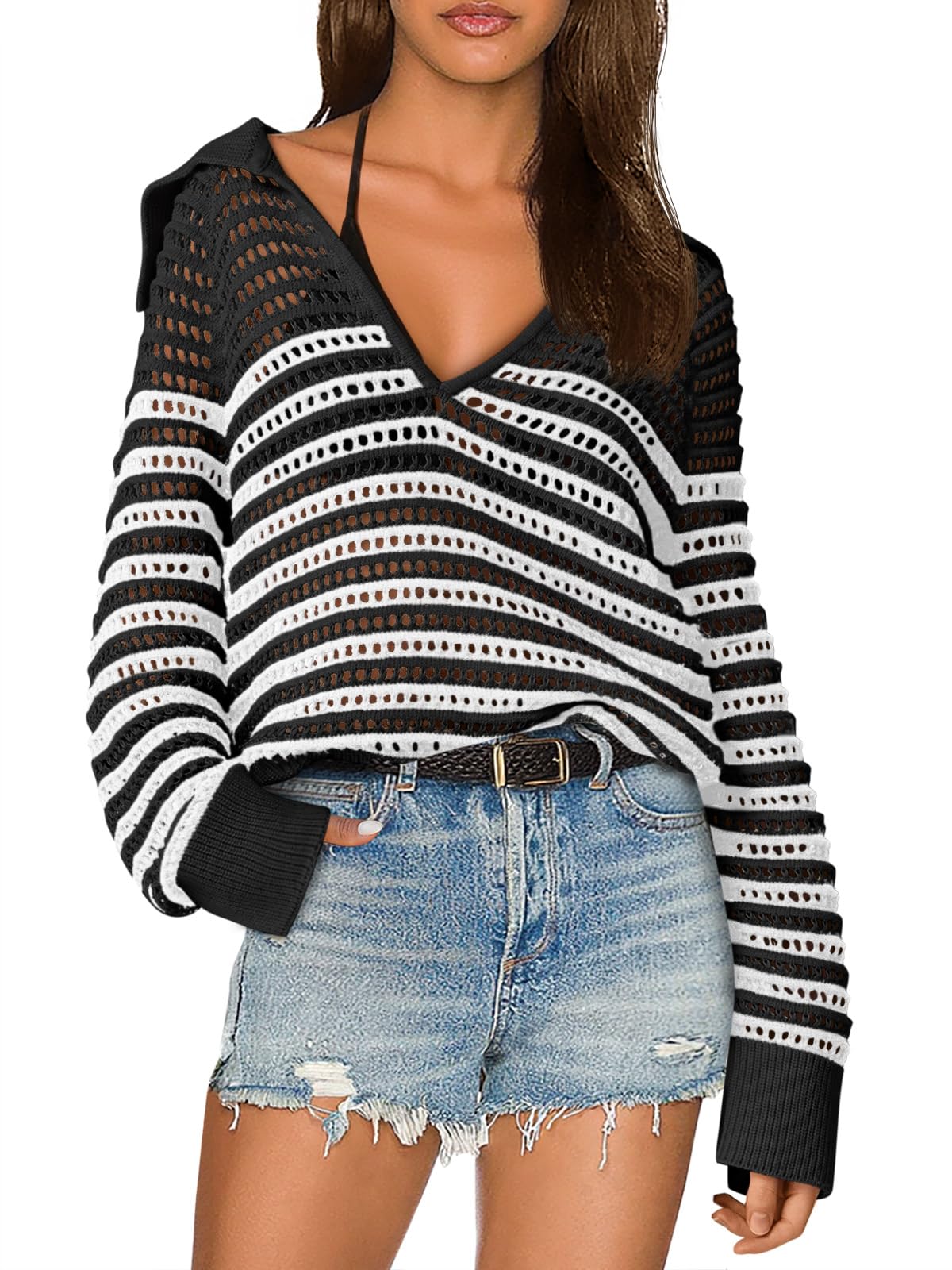 Photo 1 of Saodimallsu Womens Crochet Striped Sweater Top Long Sleeve Spring Summer V Neck Collared Trendy Loose Fit Shirts Black