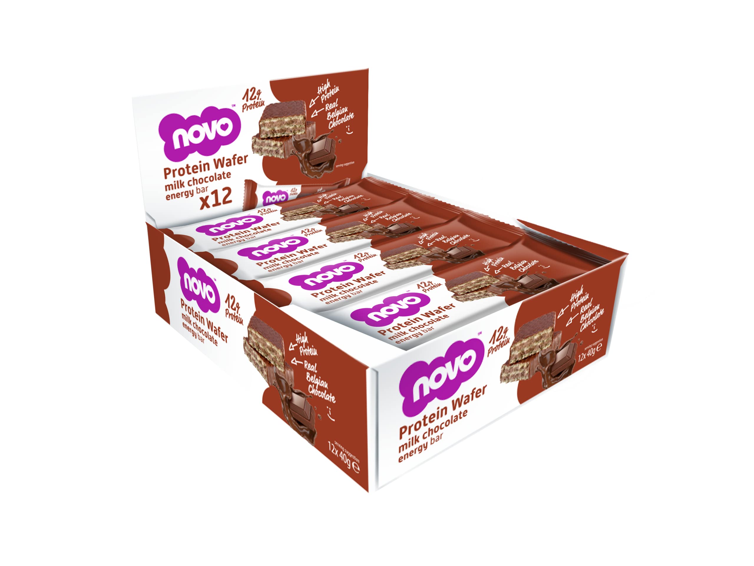 Novo Nutrition Protein Wafer Bars | High Protein Bar, 12g Protein | Protein Bar Alternative | Suitable for Vegetarians | Pack of 12 x 40g (Milk Chocolate)