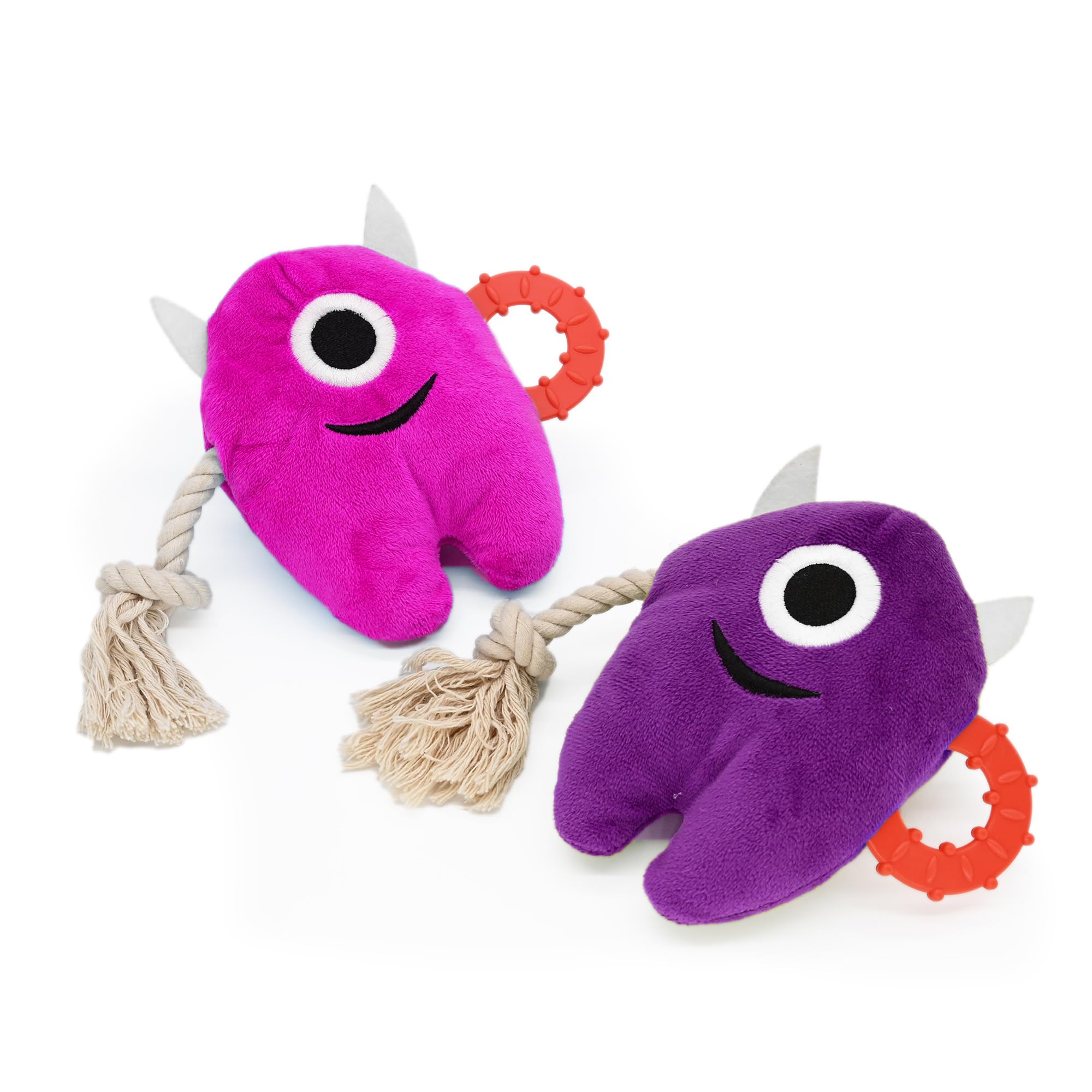 Onmygogo Large Dog Squeaky Chew Toys, Stuffed Plush Dog Toys Durable Tug of War Rope Toys Puppy Toys, Monster Toys(set of 2, fushcia and purple)