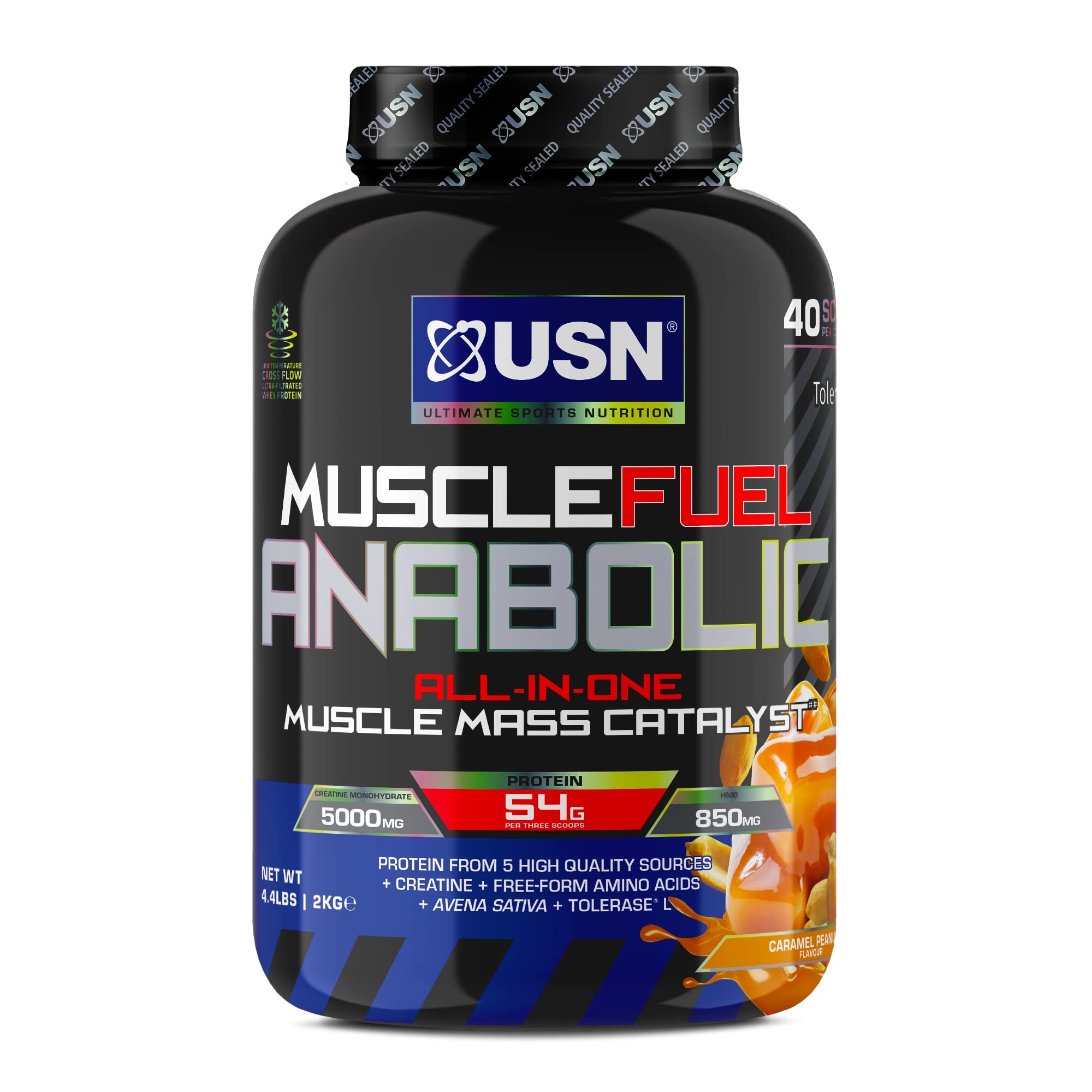 USN Muscle Fuel Anabolic Caramel Peanut 2KG, Workout Boosting All in One Muscle Gain Protein Shake Powder
