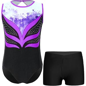 inhzoy Rhinestones Gymnastics Leotards for Girls Print Ballet Bodysuit Buttoned Crotch Dance Unitards