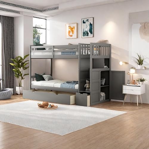 SOFTSEA Twin Over Full Bunk Bed with 3 Drawers and Cabinet, Solid Wood ...