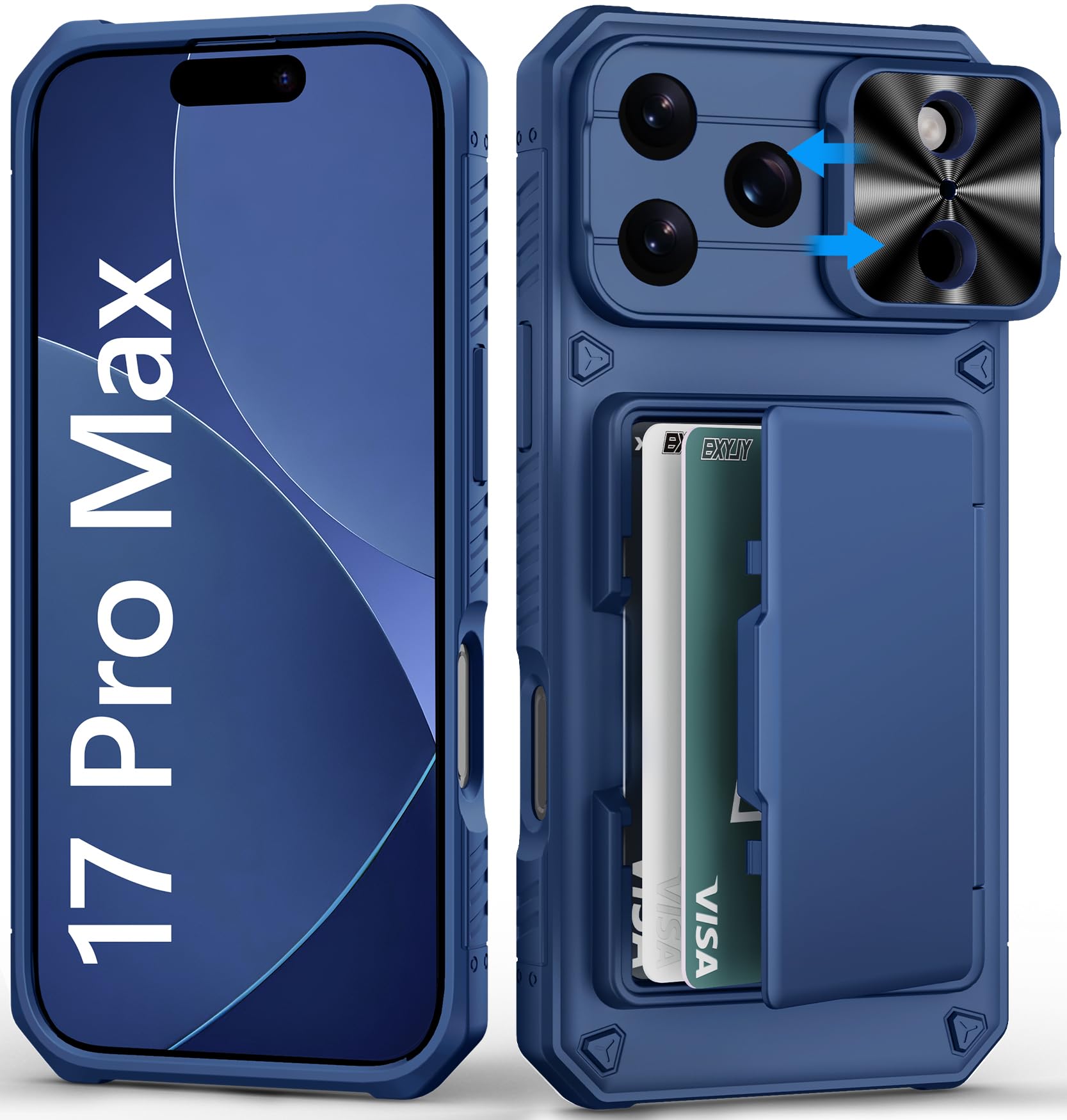 Photo 1 of BXYJY for iPhone 17 Pro Max Case Wallet with Card Holder (4-5 Cards), Slide Camera Cover, Military Grade Drop Shockproof, Heavy Duty Rugged Women Men Phone Case for iPhone 17 Promax 6.9" 2025, Blue