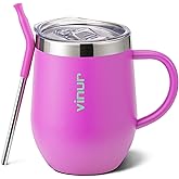 VINUR Small Travel Coffee Mug with Handle-12 oz Stainless Steel Insulated Tumbler with Lid and Straw-Leak Proof-Gift for Girl, Hot Pink