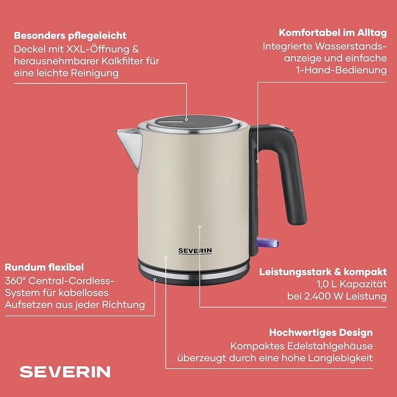 elektrischer Wasserkocher, 1L, mit herausnehmbaren Kalkfilter, XXL-Öffnung, Leuchtanzeige, 360°-Basis, Schnelles Aufkochen, 2.400 W, Wasserstandsanzeige, Edelstahl, dusty beige, WK 9577