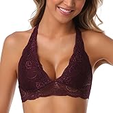 SHEKINI Women's Lace Bralettes Plunge Wireless Lightly Lined Racerback Longline Embroidered Bra