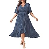 SCOMCHIC Women's Plus Size Summer Dresses Short Sleeve Wrap V Neck Swiss Dot Boho High Low Split Ruffle Maxi Dress