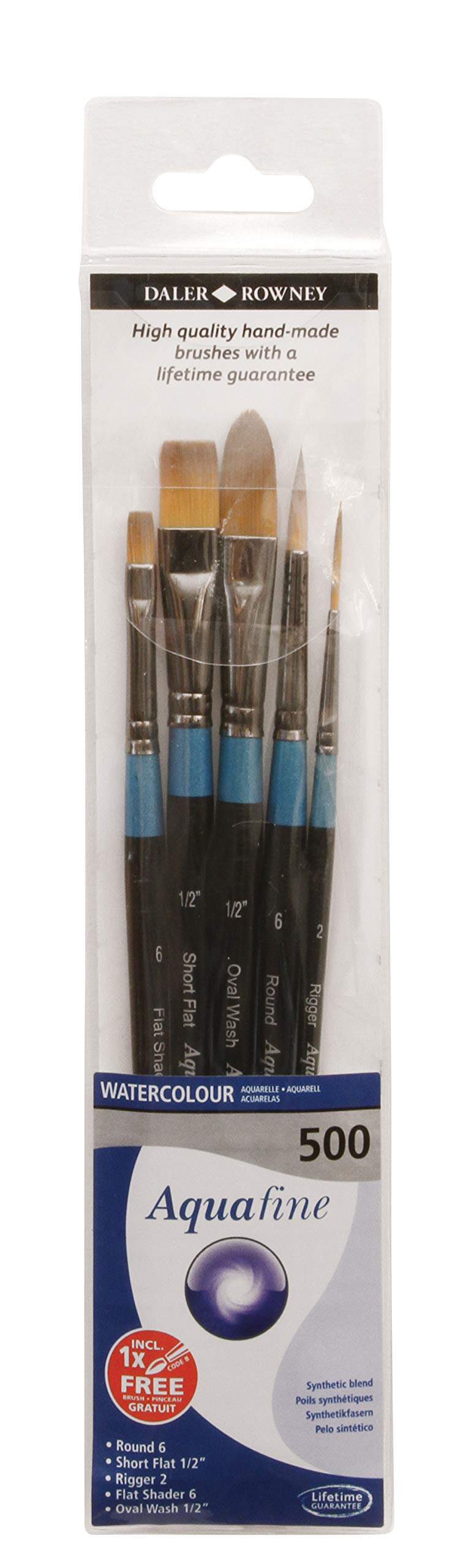 Daler-Rowney Aquafine Watercolour Brush, Soft Synthetic Hair, Short Handle, Round, Oval Wash, Short Flat, Rigger and Flat Shader, , Wallet, Set 500, 5 Assorted brushes