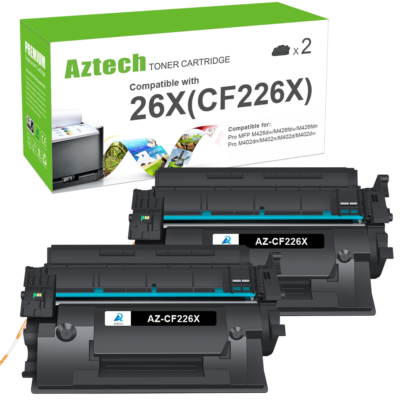 Aztech Compatible Toner Cartridge Replacement for HP 26X CF226X 26A CF226A CF226XC Laserjet Pro M402dn M402n M402dw M402d MFP M426fdn M426fdw M426dw M402 M426 Printer (Black 2-Pack)