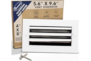 LAMINAIRE 4" x 8" Duct Hole [5.6" x 9.6" Face] Aluminum 1-Way Vent Cover: Adjustable Curved Blade Air Supply Diffuser - Plastic Seal for Tight Fit, Quiet Air Flow, Multi-Shutter Damper