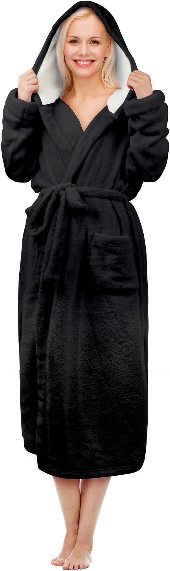 Hooded Sherpa Robe Long Plush Fuzzy Bathrobe for Women with Hood Sherpa Lined