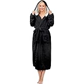 Tirrinia Hooded Sherpa Robe Long Plush Fuzzy Bathrobe for Women with Hood Sherpa Lined Black