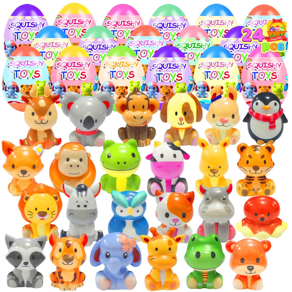 24 Pack Prefilled Easter Eggs with Animal Squishy Toys Slow Squeeze Toys for Kids Girls Boys Easter Basket Stuffers Party Favors Gifts Easter Egg Fillers