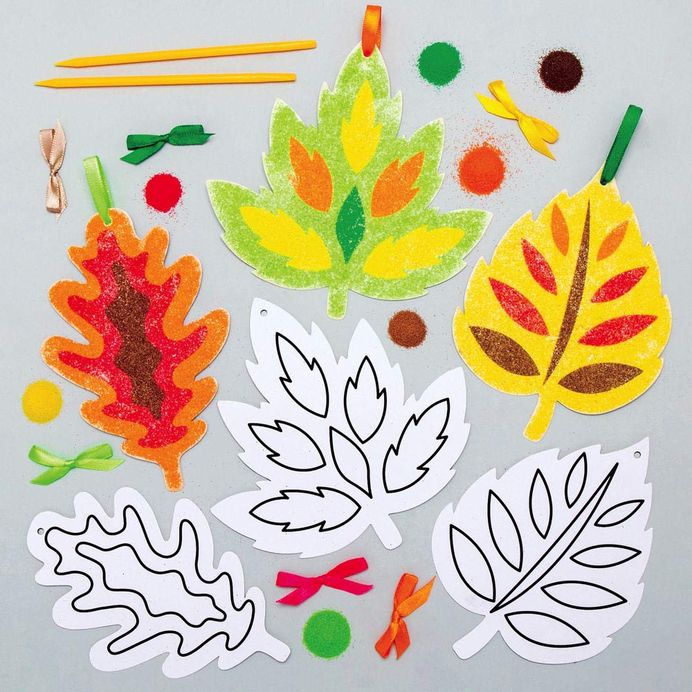 Baker Ross AX279 Leaf Sand Art Decorations - Pack of 6, for Kids Autumn Arts and Crafts Projects