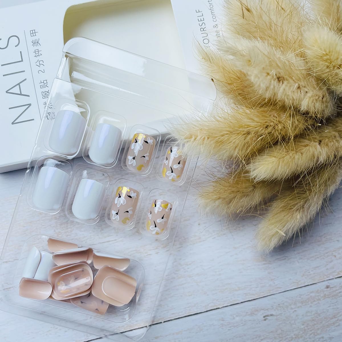 NEWSPIED Press on Nails Short Square Glue on Nails with Glitter Gold Foil Floral Designs Nude White Fake Nails Full Cover Artificial Acrylic Nails Extra Short False Nails for Women Girls 24 Pcs - Image 4