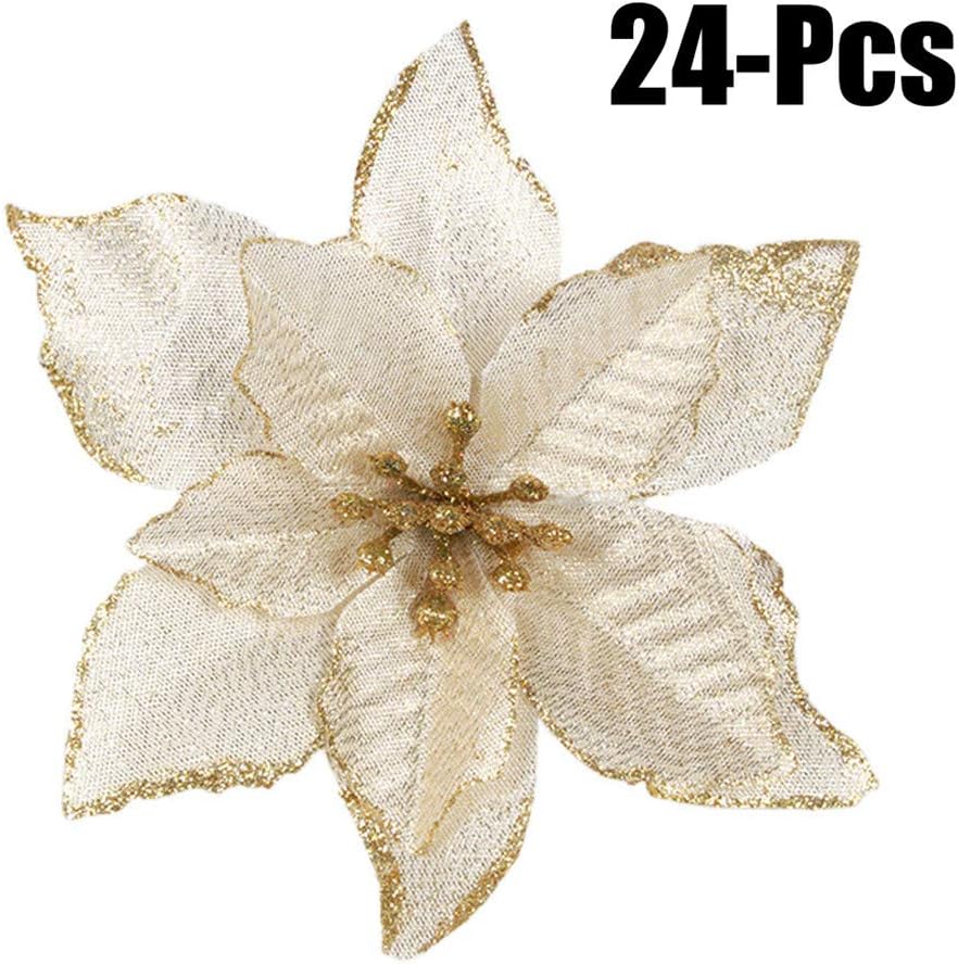 VHVCX 24Pcs Christmas Tree Decorations Artificial Flowers Xmas Poinsettia Glitter Flower Wedding Ornament Decor,E