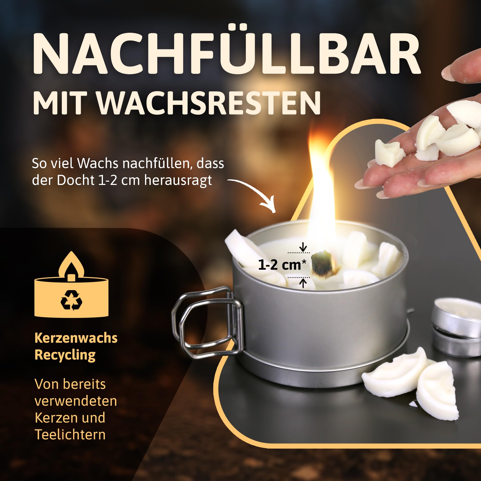 AUTDOOR® Dauerkerze Outdoor aus Sojawachs – Nachfüllbare Campingkerze mit Dauerdocht | Nachhaltiges Windlicht als Mini-Lagerfeuer für Garten & Balkon – Umweltfreundliche & wiederverwendbare Kerze 4