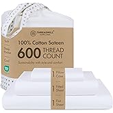 Threadmill 100% Cotton Sheets for Twin XL Size Bed - 600 Thread Count Twin XL Bed Sheets Set with 15” Deep Pocket - Sateen Weave 3-Piece Bedding Set with Cooling Effect, White