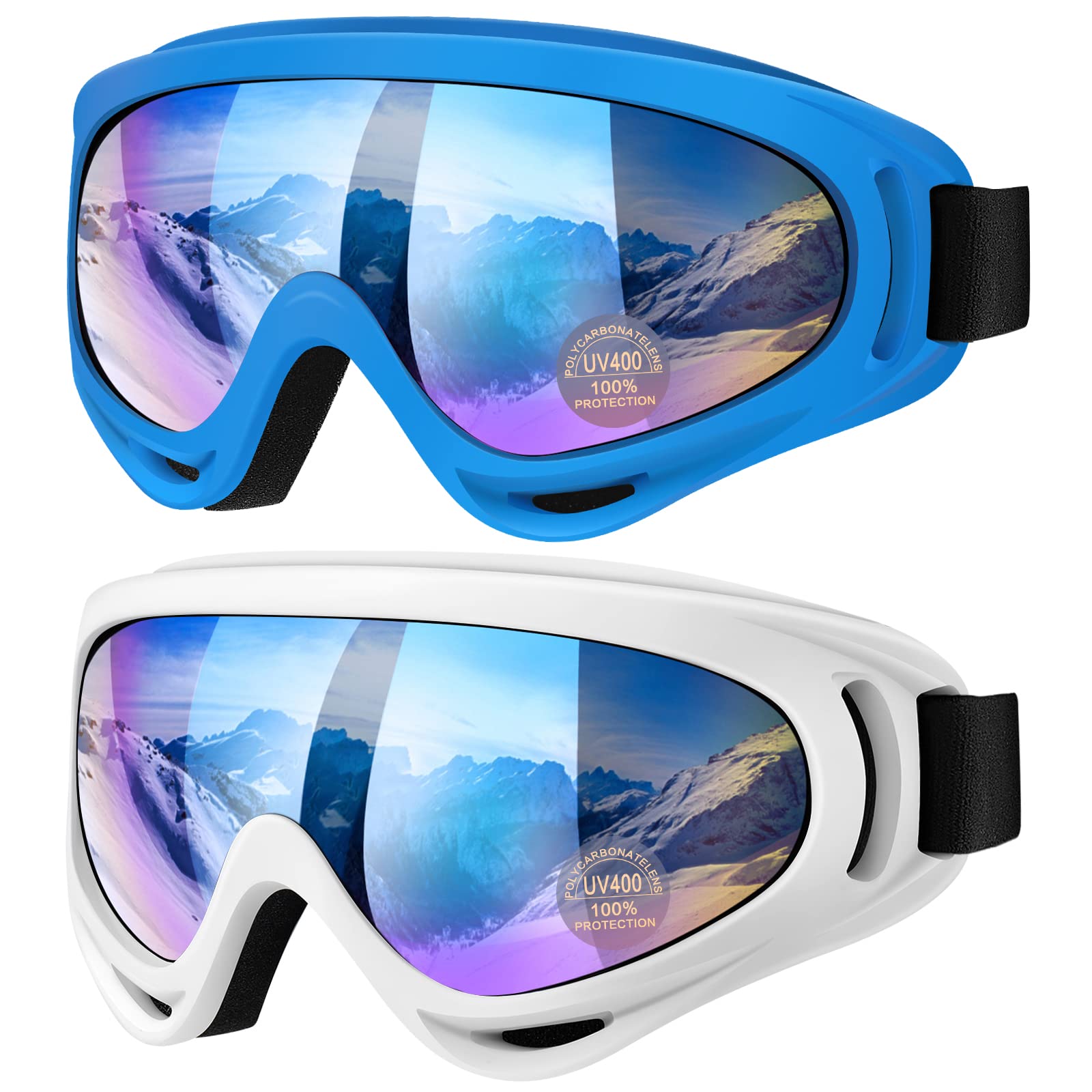 Vatefery Ski Goggles,Skiing Snowboard Goggles for Men & Women kids,Boys & Girls, Youth,Anti-glare,Anti-fog Snowboarding Snow Goggles Glasses 2-Pack (D.Blue&White)