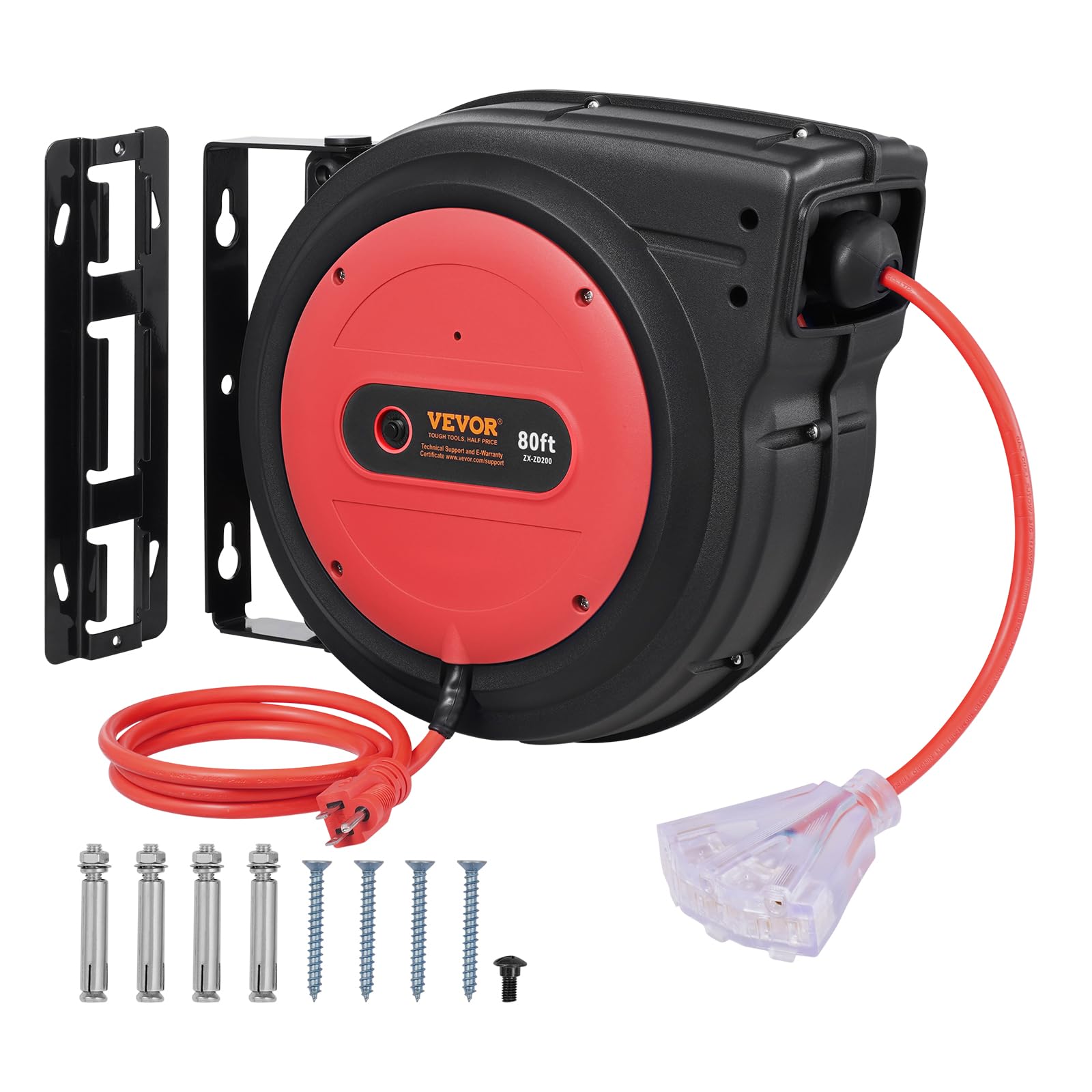 VEVOR 80FT Retractable Extension Cord Reel, 12AWG/3C SJTOW Heavy Duty Power Cord w/Lighted Electrical Triple Tap Outlets, 15A Circuit Breaker,180° Swivel Bracket for Workshop or Garage, Red Image VEVOR 80FT Retractable Extension Cord Reel, 12AWG/3C SJTOW Heavy Duty Power Cord w/Lighted Electrical Triple Tap Outlets, 15A Circuit Breaker,180° Swivel Bracket for Workshop or Garage, Red Image