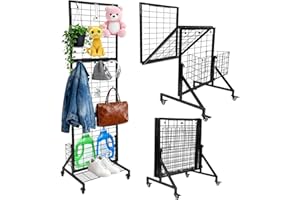APshouhu Foldable Grid Wall Panels, Gridwall Panels with Folding Baskets, Tool-Free Assembly and Folding, for Storage and Retail Merchandise Display (Black)