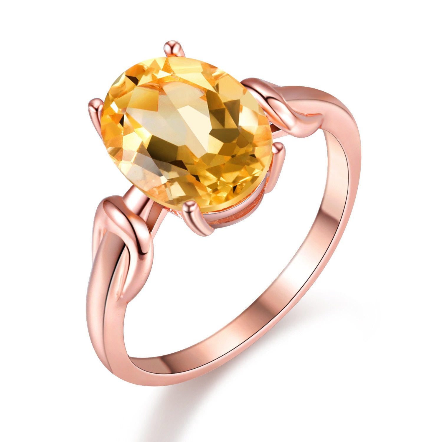 Uloveido 925 Sterling Silver Oval Cut Natural Citrine Gemstone Adjustable Ring Solitaire Rose Gold Plated Fashion Engagement Wedding Open Rings for Women, Gift Box Packing FJ076