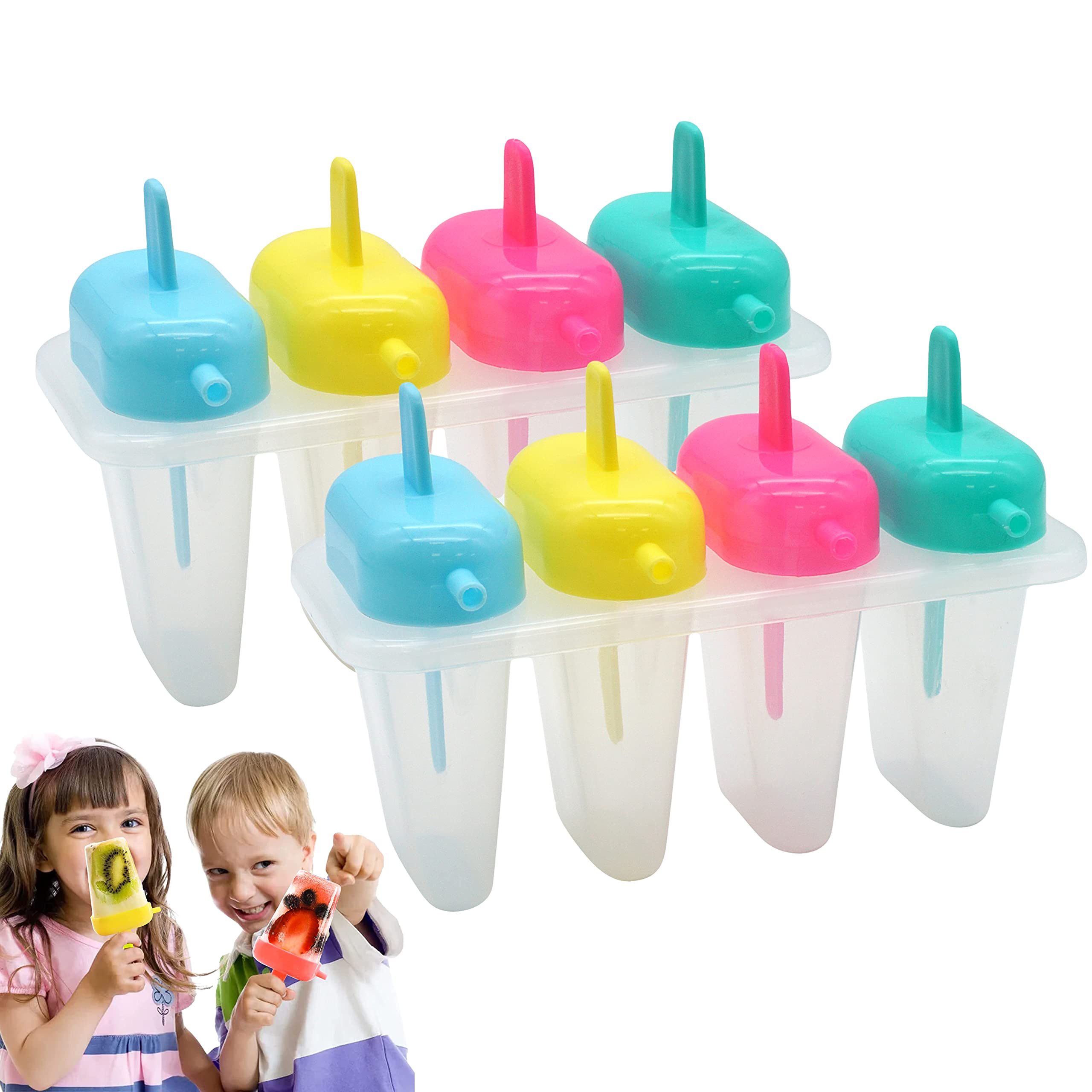 8PCs Colourful Ice Lolly Moulds with Sticks, BPA-Free Reusable Popsicle Maker Set for Kids, Lollipop Moulds with Drip Guards, Ice Cream Lolly Pop Molds 16CM
