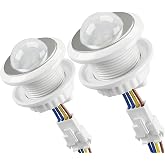 Flarione 2 Pack PIR Motion Sensor Light Switch for LED Strip Lights | AC 85-265V smart sensor with adjustable LUX and time delay, installs on ceiling or wall for cabinet, pantry, closet, stairs