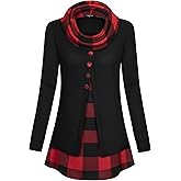 VALOLIA Womens Cowl Neck Long Sleeve Tunic Tops Button Casual Loose Shirts