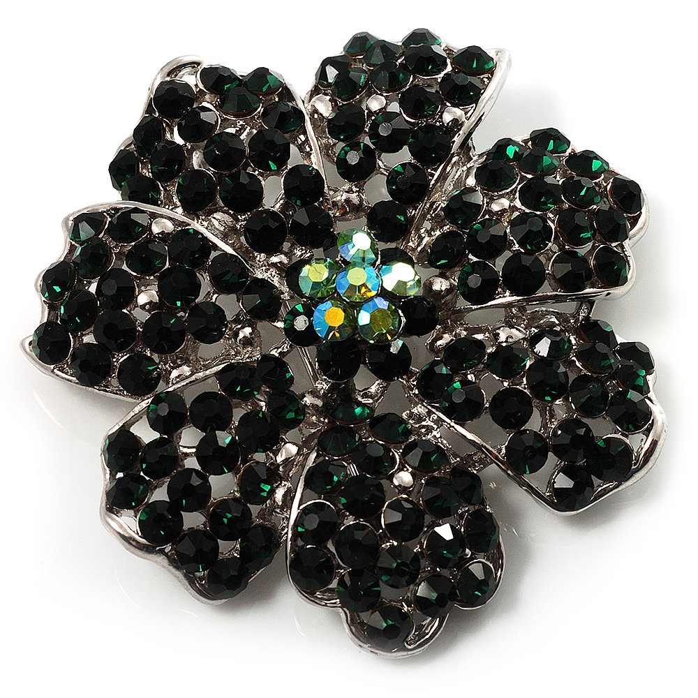 Emerald Green Crystal Corsage Flower Brooch (Silver Tone)
