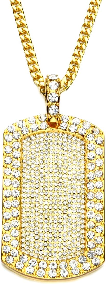 Hip Hop Fully Iced Out Cubic Zirconia Micro Paved Army Id Tag Pendant Necklace, 28'' inch