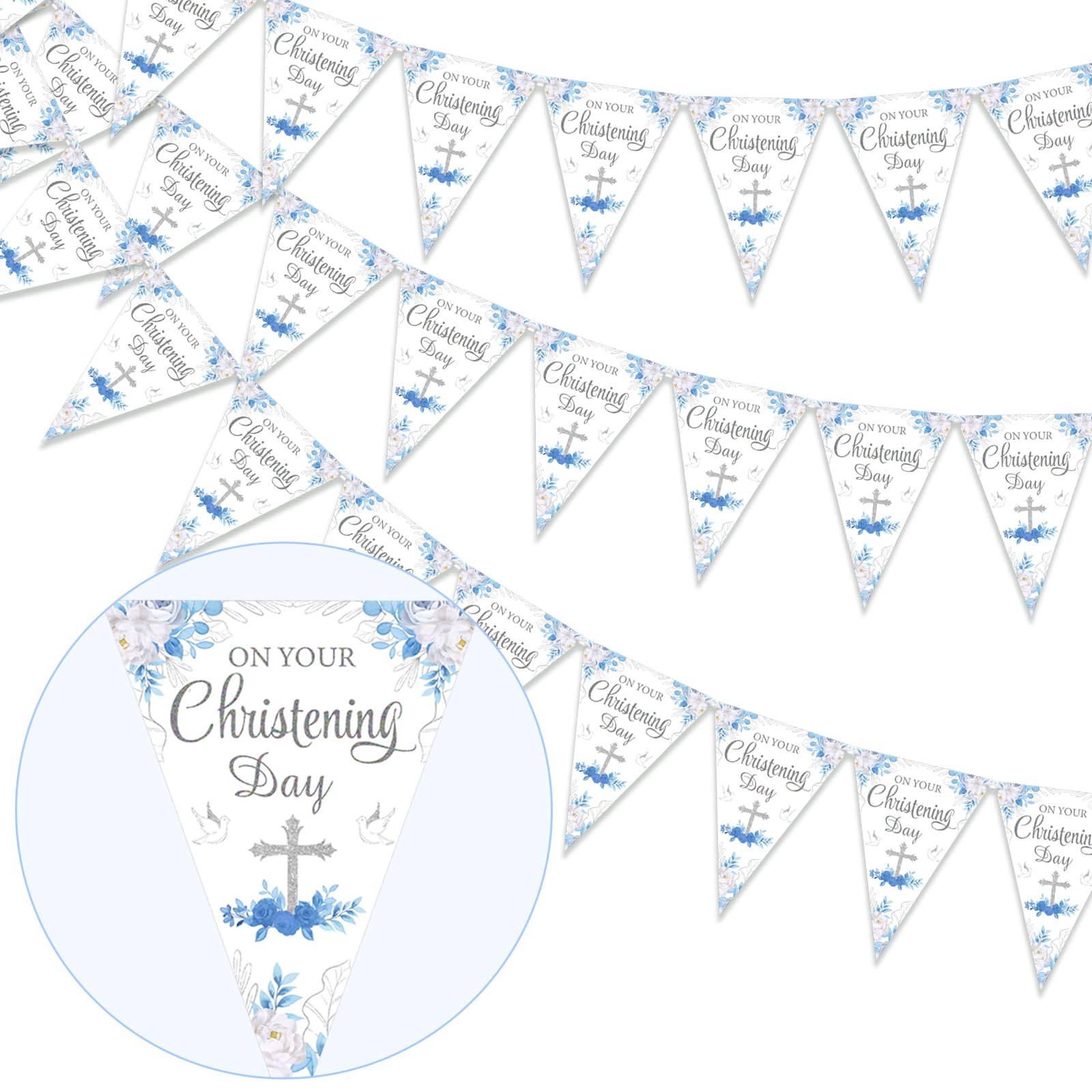 Christening Decorations for Boys Blue - 3 Pack Christening Banners, 36pcs Baptism Flag Bunting, First Holy Communion Decorations