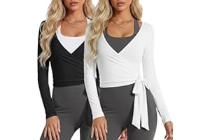 Coume 2 Pack Women’s Ballet Pilates Wrap Top Long Sleeve Tie Front Shrug Yoga Shirt Y2k Workout Active Blouses Crop Tops