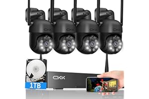 [10CH, Upgrading 5MP] CKK Wireless Security Camera System with 1TB HDD, 4pcs PTZ Cameras Outdoor Indoor, 3K WiFi Surveillance NVR System with Floodlights & Siren Alarm, 2 Way Audio, Waterproof