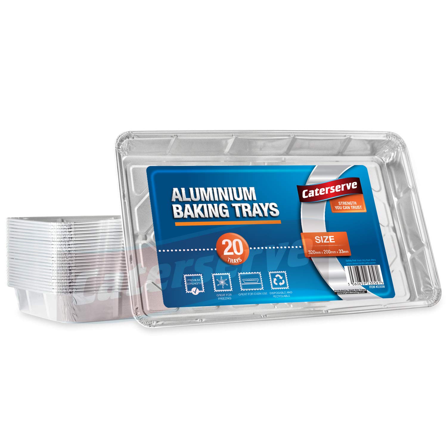 Caterserve Aluminium Foil Trays Containers for Baking Cooking Freezing and Storing Tray Size 32cm x 20cm x 3.3cm (20 Pack)
