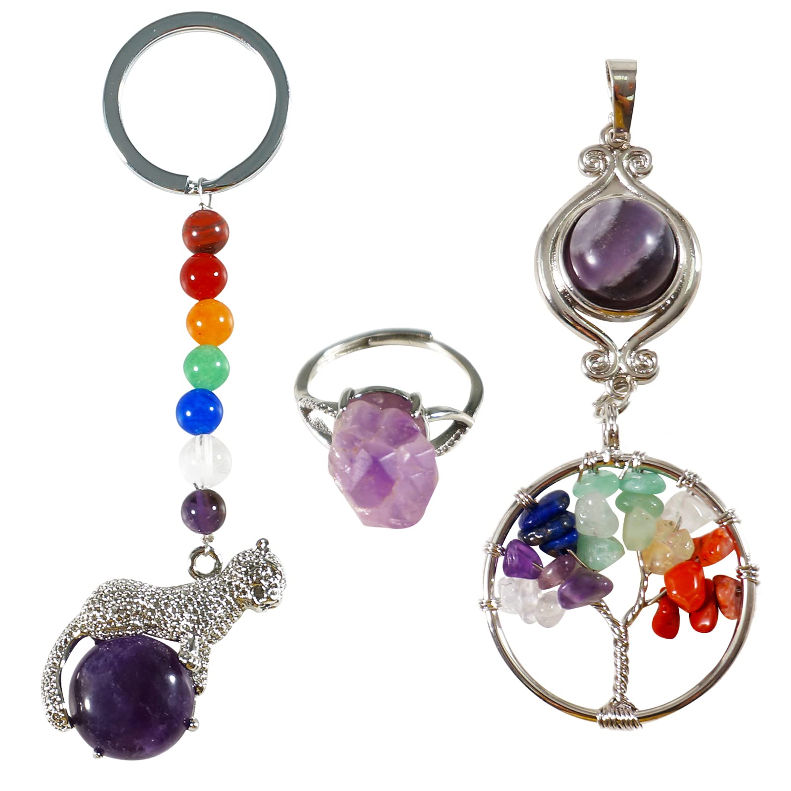 Soulnioi Silver Wire Wrapped Natural Round Gemstone Amethyst 7 Chakra Tree of Life Pendant, Amethyst Seven Chakra Beads Cheetah Keychain and Amethyst Rough Ring, Jewellery Gifts for Women Girls