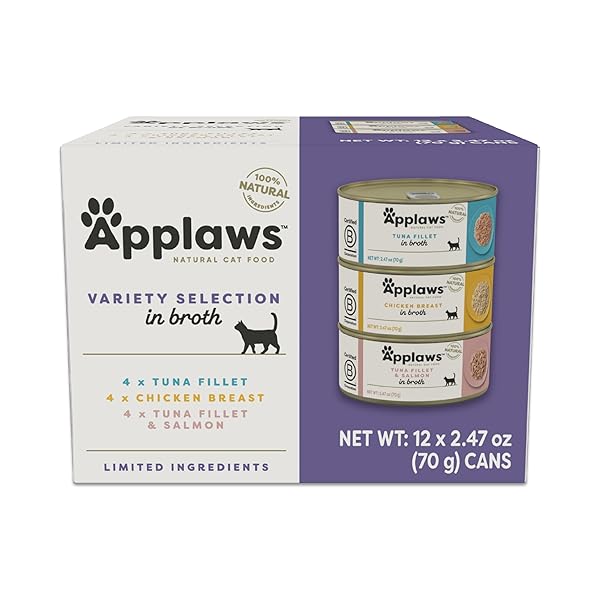 APPLAWS NATURAL WET CANNED CAT FOOD, MADE WITH LIMITED AND NATURAL INGREIDENTS, REAL PROTEIN WITH NO ARTIFICIAL ADDITIVES, VARIETY PACK IN BROTH (12 X 2.47OZ CANS)