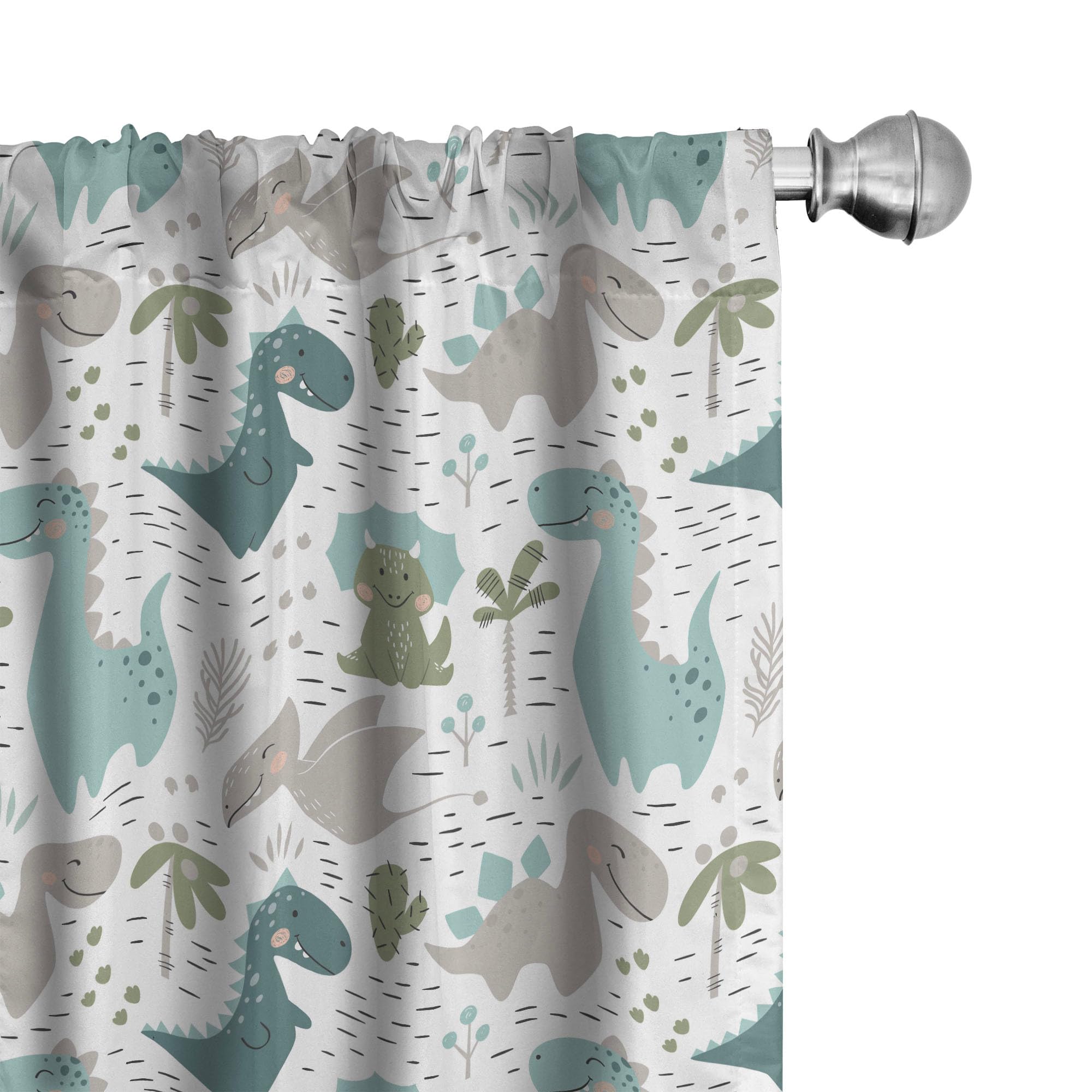 ABAKUHAUS Childish 4 Panel Curtain Set, Smiling Baby Dinosaurs with Palm and Cactus, Window Treatments 4 Panel Set for Living Room Bedroom, 150x225 cm, White Seafoam Dimgray