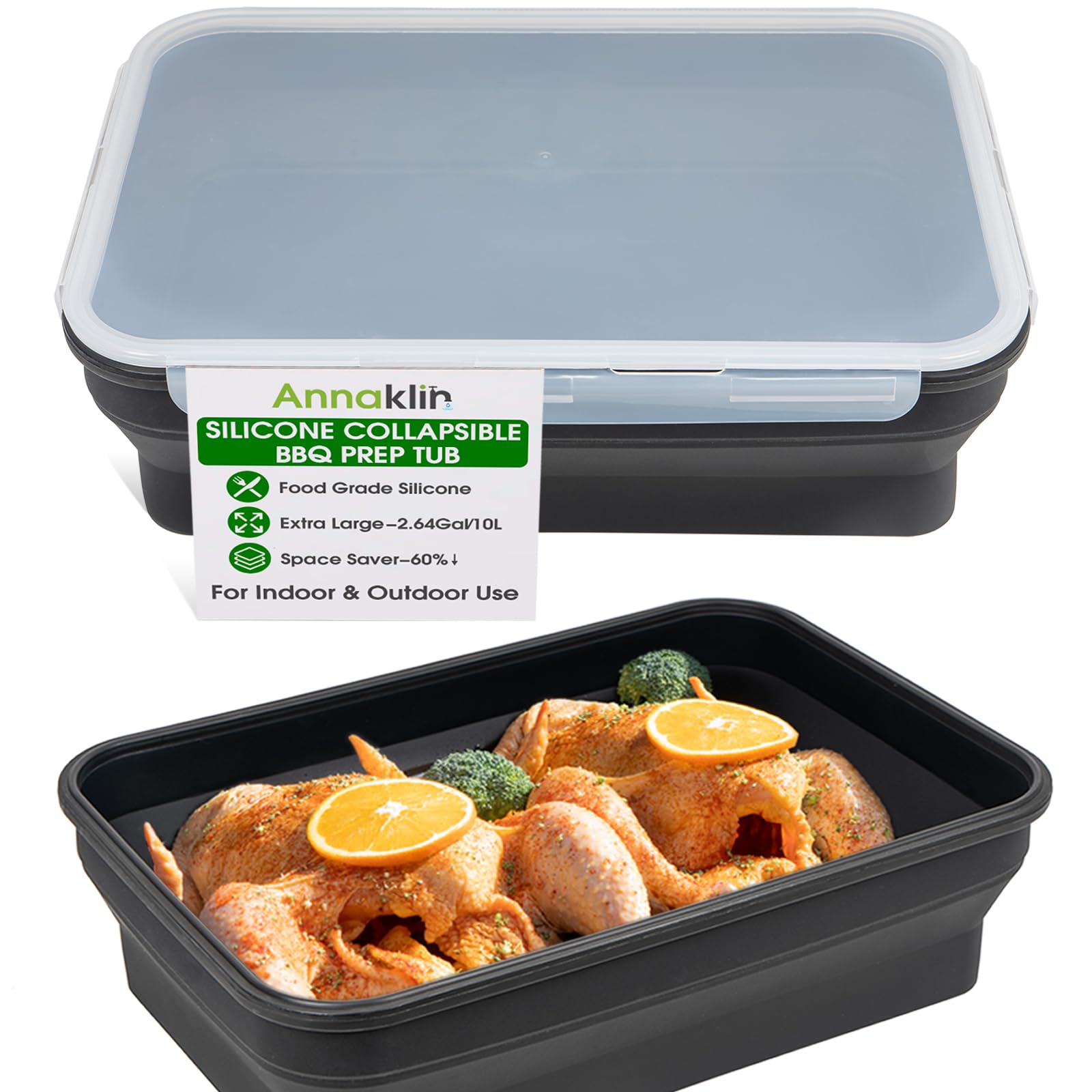 Photo 1 of Silicone Collapsible Marinating Container with Lid for Meat, Extra Large Collapsible BBQ Prep Tub, 2.64Gal/10L, Transparent Locking Lid, XL Grill Prep Trays and Carry System, BBQ Must-Have, Black