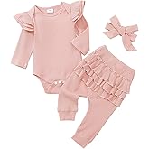 CETEPY Baby Girl Clothes Newborn Romper Long Sleeve Infant Outfits 3Pcs Ruffle Tops + Pants + Headband