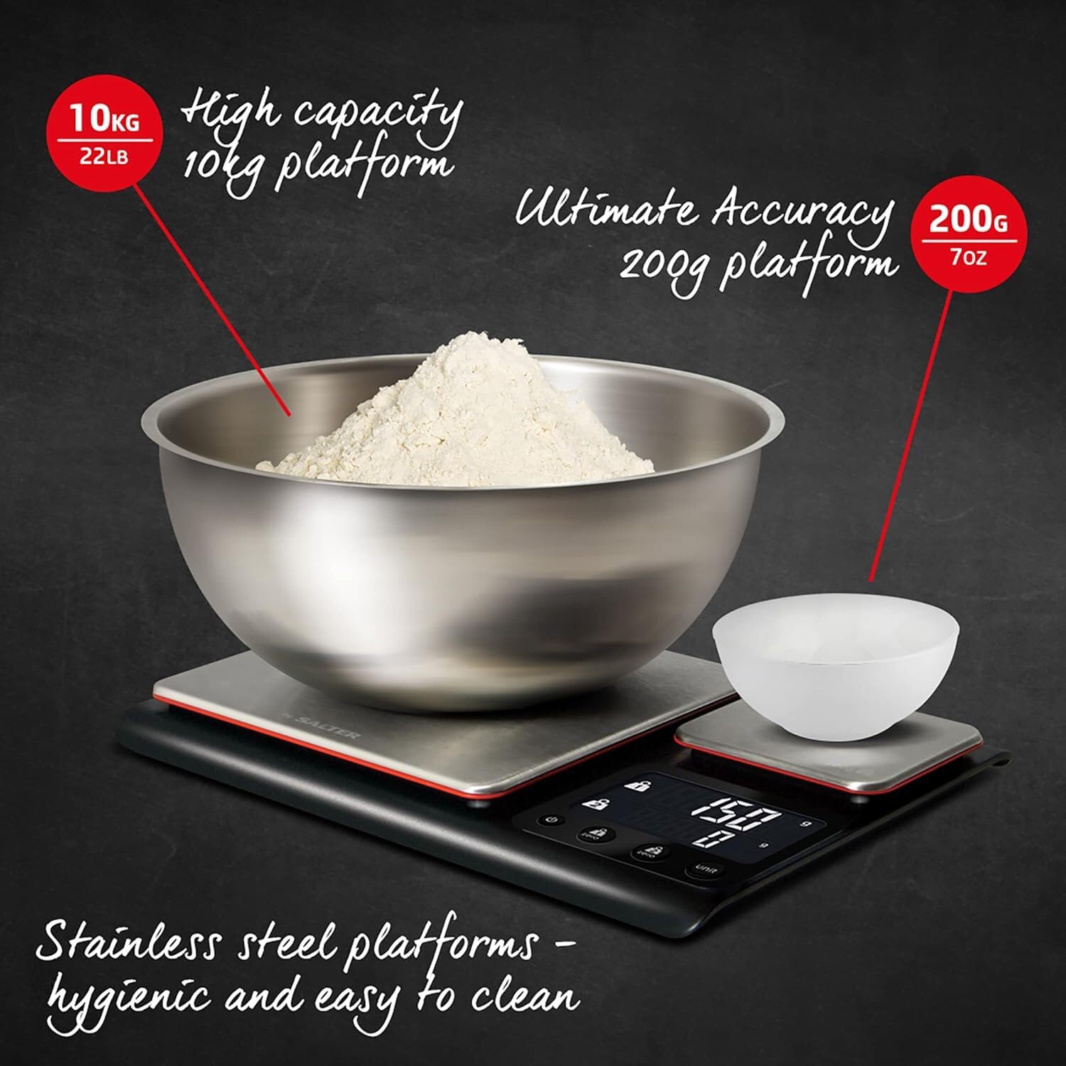 Heston Blumenthal Precision by Salter 1049A HBBKDR Digital Kitchen Scale – Dual Electronic Baking Scale, Large 10kg Platform, Small 200g Precision Platform, Add & Weigh Tare Function, Stainless Steel